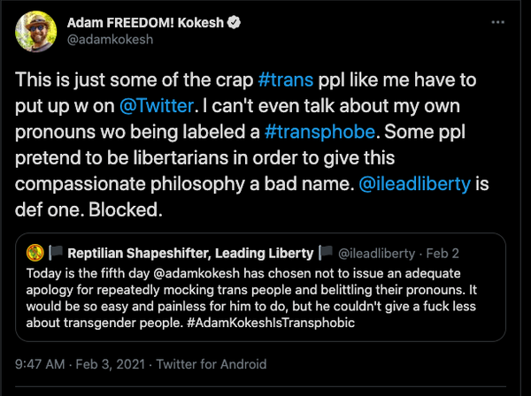 featured image thumbnail for event Kokesh mocks pronouns